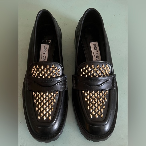 Jimmy Choo Deanna Black Gold Spiked Slip In Embellished Loafer Shoes 37.5 New - Picture 9 of 15